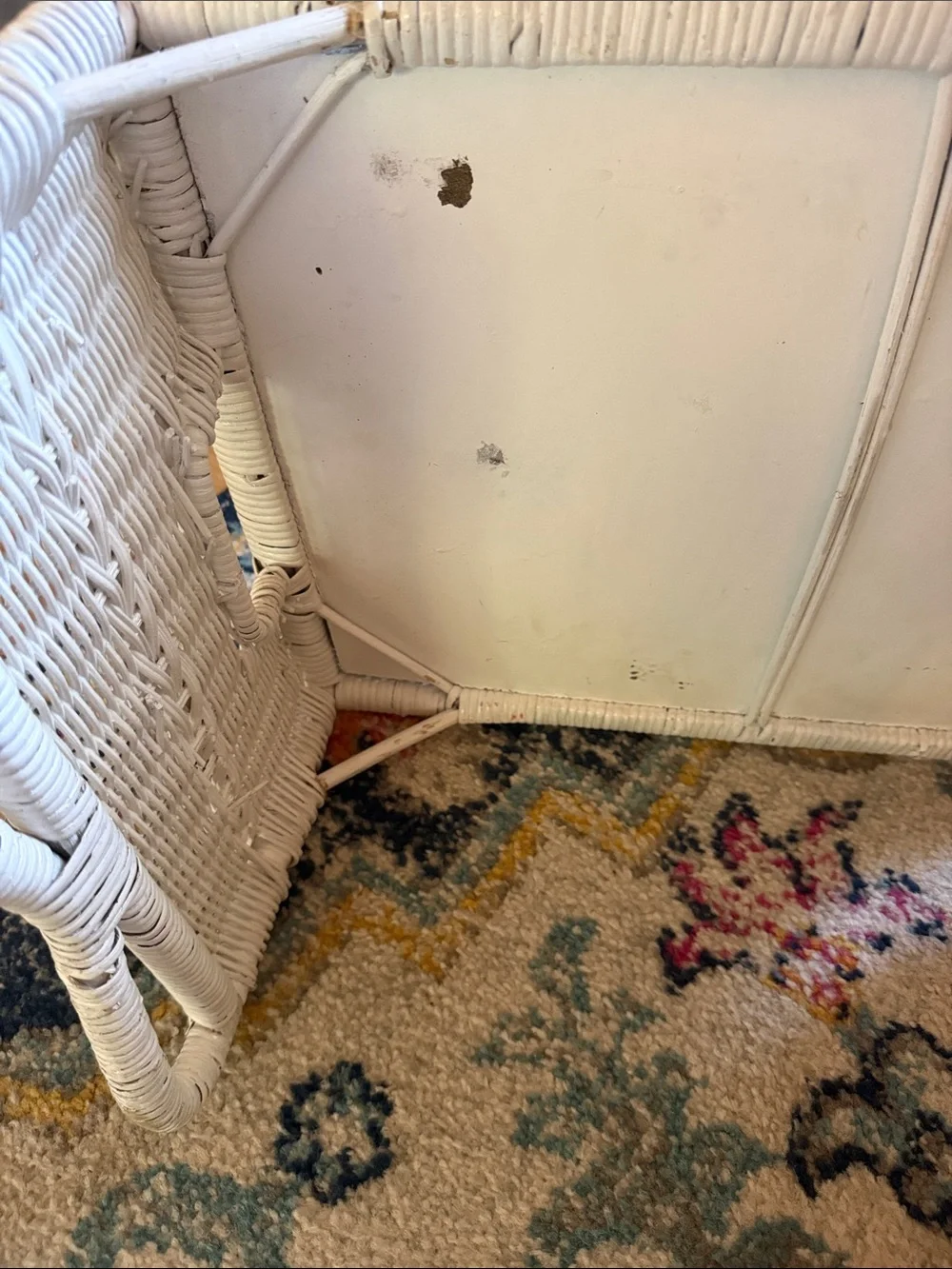 Vintage White Wicker Tray Table with Side Storage.